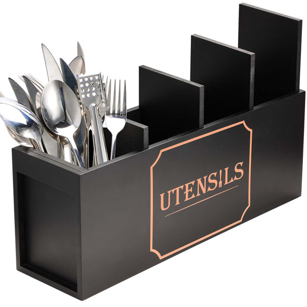 Ackitry Yumkfoi Extra Large Utensil Holder With 4 Compartments, Wooden Farmhouse Utensil